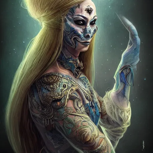 Image similar to a WLOP 3d render of Very very very very highly detailed mystic, enigmatic, strange portrait of a phantom warrior with galaxy, tattoos by Anton Pieck, intricate, extremely detailed, digital painting, artstation, concept art, smooth, sharp focus, illustration, intimidating lighting, incredible art,