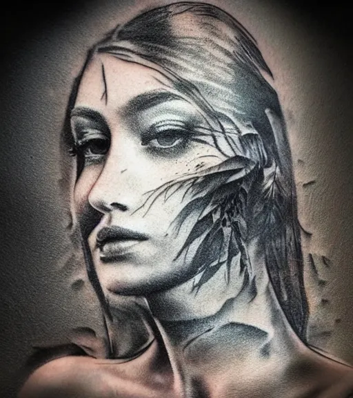 Prompt: realism tattoo sketch of a beautiful woman's face double exposure effect with beautiful nature scenery, in the style of matteo pasqualin, amazing detail, sharp, faded