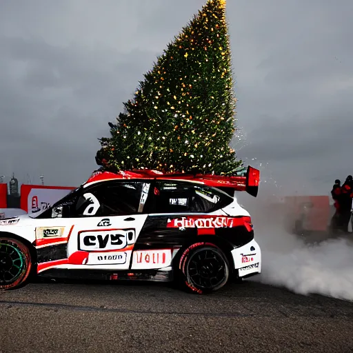 Prompt: Petter Solberg driving straight into the christmas tree
