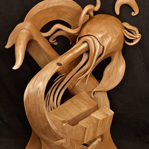 Image similar to wooden sculpture of cthulhu attacking a spaceship, polished maple, thoughtful, elegant, real