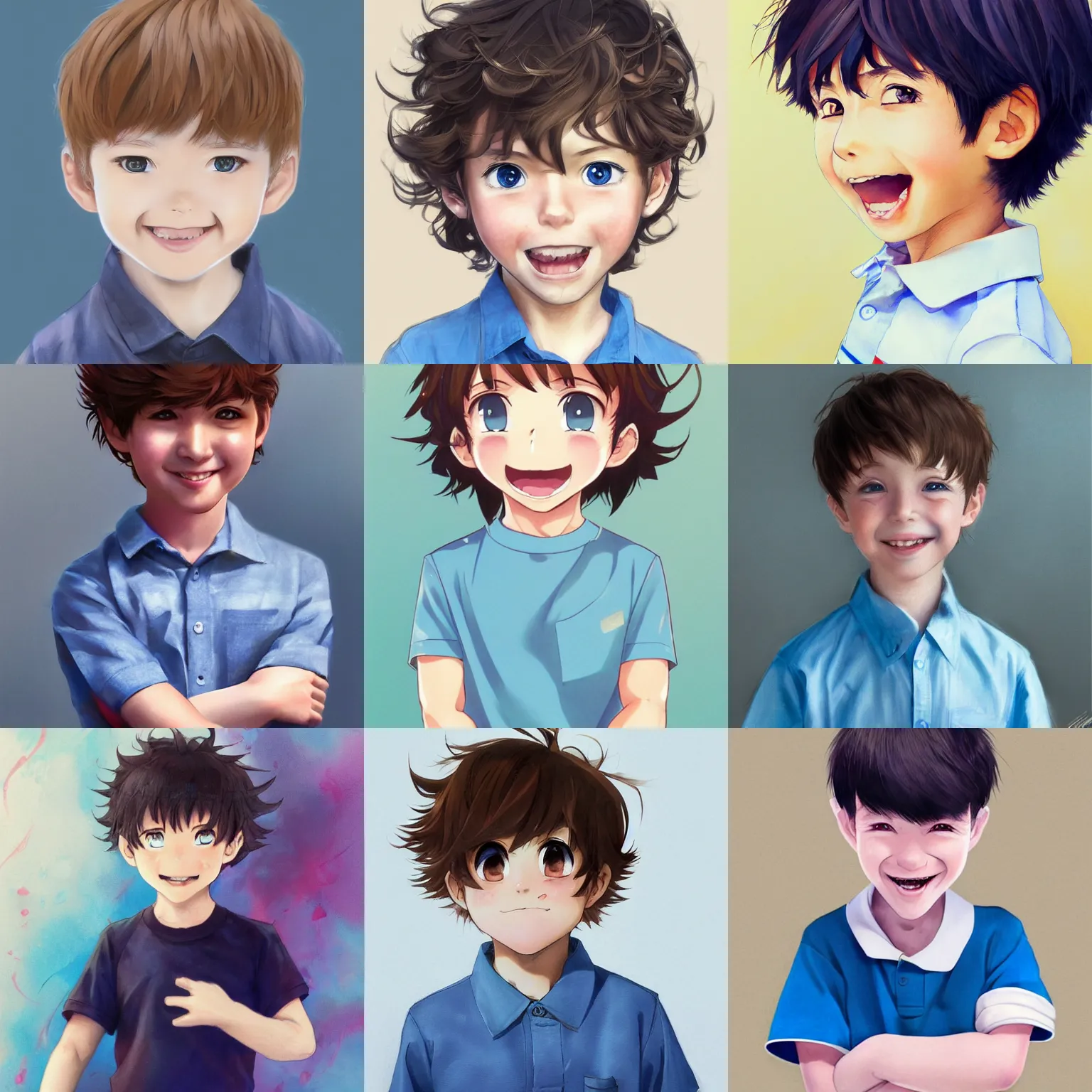 Prompt: A medium shot anime portrait of a smiling anime boy with short curly light brown hair and blue eyes, rosy cheeks, blue-eyed, wearing a shirt, very young child, four years old, by Stanley Artgerm Lau, WLOP, Rossdraws, James Jean, Andrei Riabovitchev, Marc Simonetti, and Sakimi chan, trending on artstation