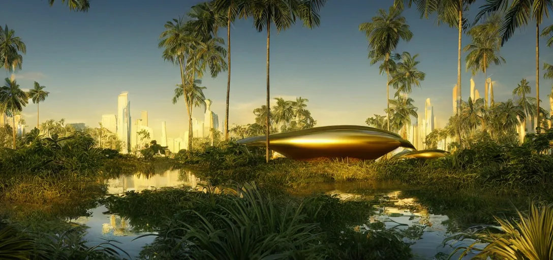 Prompt: futuristic shinny golden biomorphic skycrapper by santiago calatrava, landscape with overgrown vegetation in the middle of the jungle, glowing reflections, at dusk, octane render redshift unreal engine, by joaquin sorolla, deviantart, wallpaper, triangular composition, central view perspective, rule of thirds, golden ratio