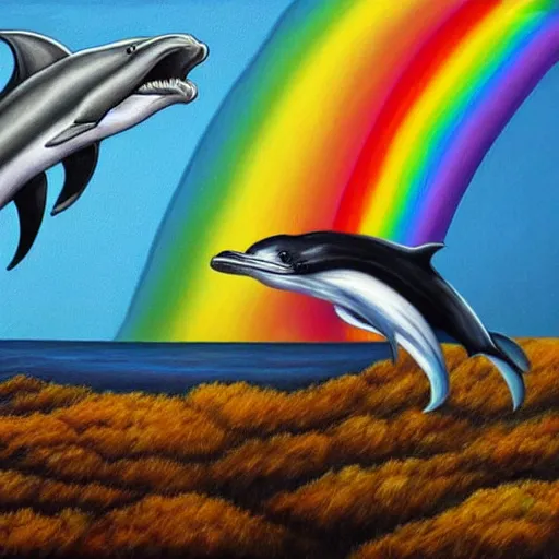 Image similar to a hyper realistic painting of the grim reaper riding a dolphin over a rainbow, highly detailed, vivid color,