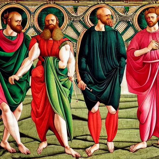 Image similar to ancient greek philosophers wearing gucci colorful intense intricate textile chiton himation cloak tunic detailed streetwear cyberpunk modern fashion michelangelo sandro botticelli