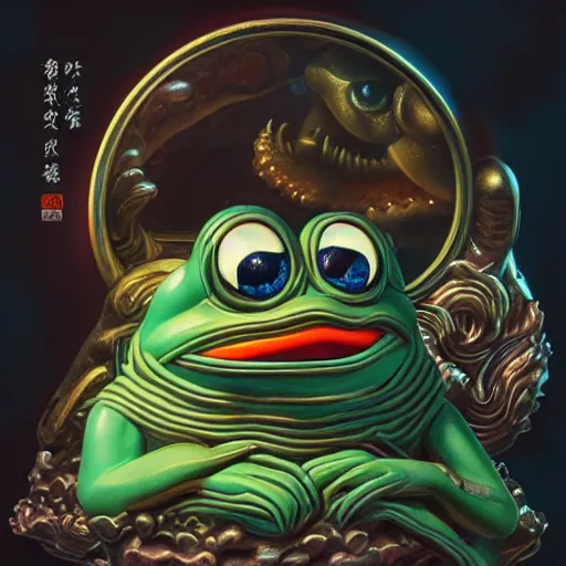 Image similar to plasticine wet shiny angles, crystal, moonlit, mirrors, camera angled dramatically, realistic hyperdetailed design of pepe the frog meme, ferocious, chinese mythology, victo nga, fumo yoshitoshi, ren jing jeong, feifei ruan, peter mohrbacher, takato yamamoto