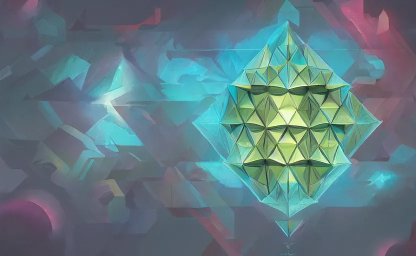 Image similar to a painting of a sierpinski icosahedron trending on artstation in the style of greg rutkowski, 3 d, fractal, 4 d, endless, rainbow, geometric tesseract, symmetry, wallpaper, sacred