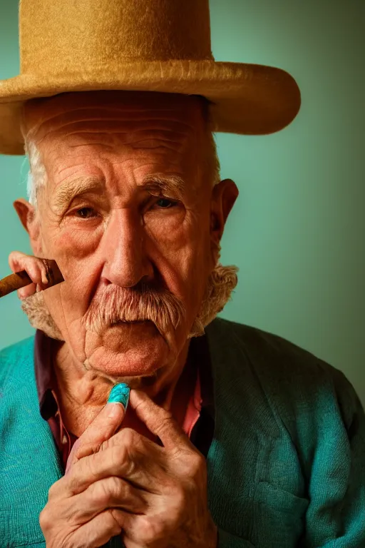 Image similar to insanely moody vaporwave portrait of an old man with hat smoking cigar, motion blurred background, teal and orange colors, vaporwave, photorealism, cinema still, photography, porcelain skin, wrinkles, smooth, volumetric studio lighting, portrait photography, award winning photography, insane details, 8 k high definition, artstation