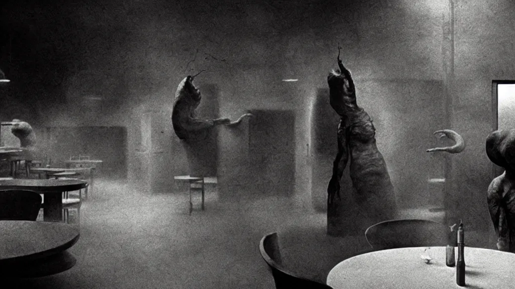 Prompt: the strange creature in the restaurant kitchen, film still from the movie directed by denis villeneuve and david cronenberg with art direction by salvador dali and zdzisław beksinski,
