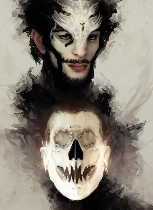 Image similar to character concept portrait of an attractive young smirking Spanish wizard with pale white skin and wearing parital skeleton mask while enchanting a dark seduction spell, a floating burning spell book in the center, intricate, elegant, digital painting, concept art, smooth, sharp focus, illustration, from Metal Gear, by Ruan Jia and Mandy Jurgens and William-Adolphe Bouguereau, Artgerm