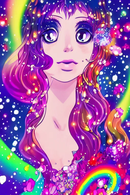 Image similar to psychedelic, whimsical, anime, 4k, beautiful intimate woman blowing smoke, with professional makeup, long trippy hair, a crystal and flower dress, sitting in a reflective pool, surrounded by gems, underneath the stars, rainbow fireflies, trending on patreon, deviantart, twitter, artstation, volumetric lighting, heavy contrast, art style of Ross Tran and Viktoria Gavrilenko and Ilya Kuvshinov