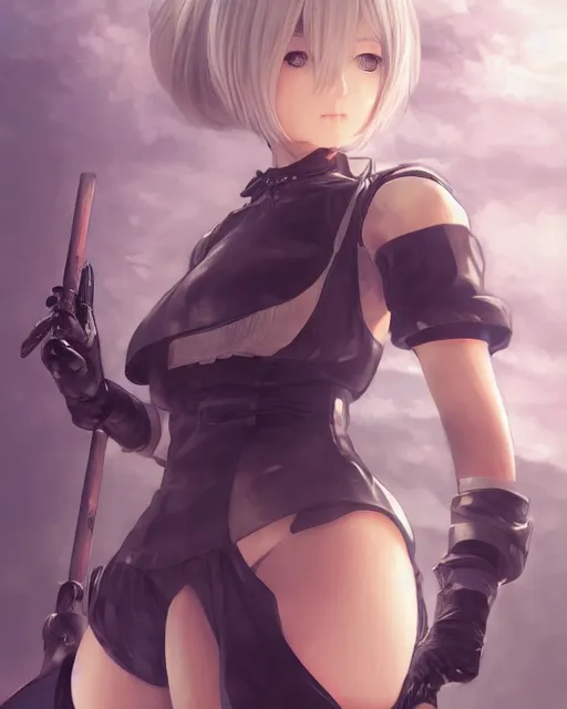 Image similar to An anime portrait of 2B from nier automata, by Stanley Artgerm Lau, WLOP, Rossdraws, James Jean, Andrei Riabovitchev, Marc Simonetti, and Sakimichan, highly detailed, ultra detailed, golden hour, trending on artstation, cgstudio