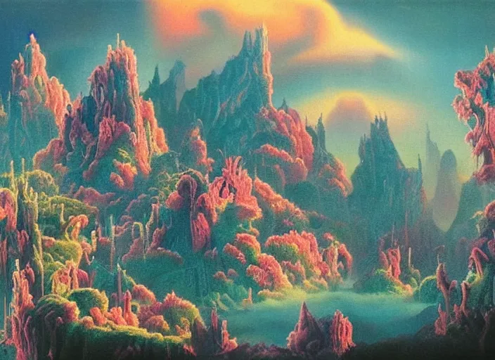 Image similar to pleasing misty neonbarf palette. intricate sharp spikes riddle this puzzling landscape, it's too detailed. rhythmically complex wonderland matte painting from painterly fantasia ( 1 9 4 1 )
