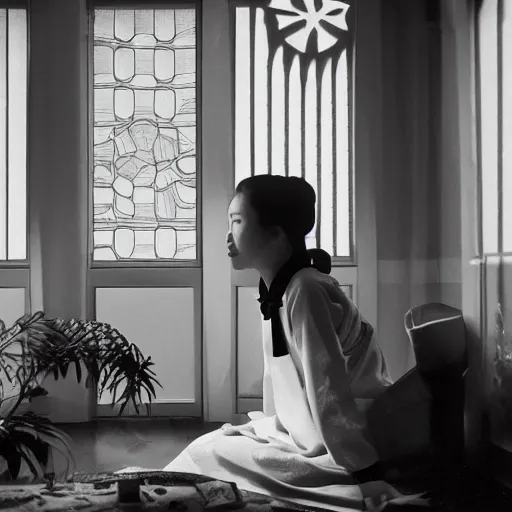 Image similar to woman in traditional hanbok waiting in living room while a giant Kaiju-eiga starfish is behind the window, 35mm film still, monochrome Wes Anderson and Fritz Lang