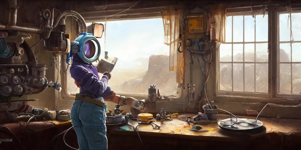 Image similar to highly detailed portrait painting of welder girl, room mono window, table mess, by eddie mendoza and tyler edlin, 8 k resolution