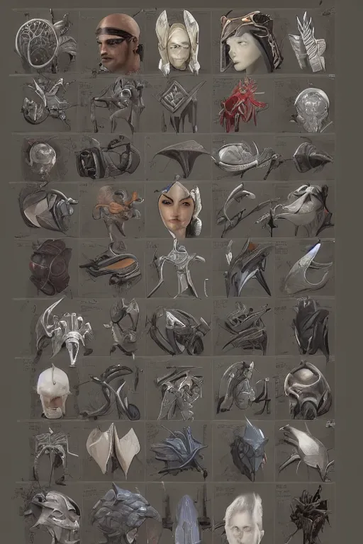 Prompt: item concept art grid of wizard headgear by artgerm and Craig Mullins, James Jean, Andrey Ryabovichev, Mark Simonetti and Peter Morbacher 16k