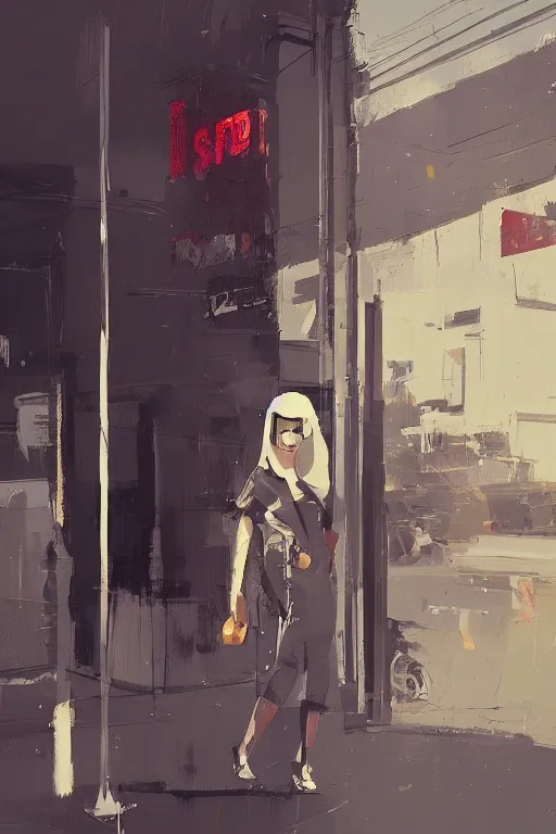 Prompt: a portrait of a stylish woman standing in front of a convenience store by Ismail Inceoglu