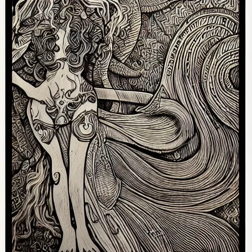 Image similar to detailed drawing of a two tailed mermaid on wood panel in the style of Audrey Kawasaki