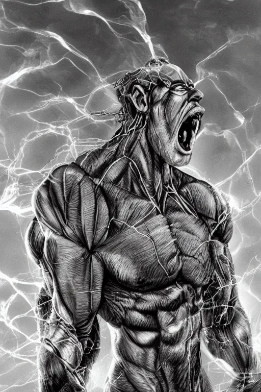 Image similar to muscular creature, veins, troll, fishlike, gills, dragonlike, grown together, overgrown, electronic wires, god rays, dark, skin, plastic wrap,