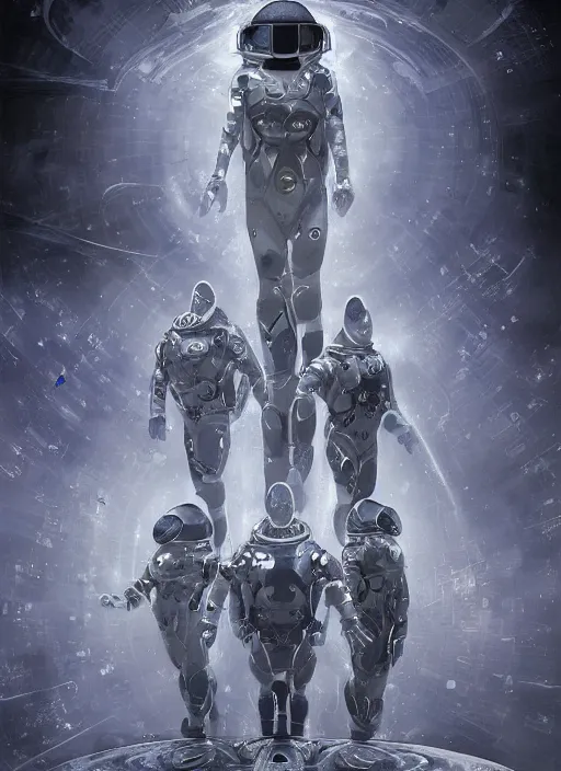 Image similar to symmetrical astronauts in dark and empty void underwater - complex and hyperdetailed technical suit. reflection and dispersion materials. rays and dispersion of light. volumetric light. 5 0 mm, f / 3 2. noise film photo. flash photography. ultra realistic, wide angle. poster by wayne barlowe, hajime sorayama aaron horkey, craig mullins