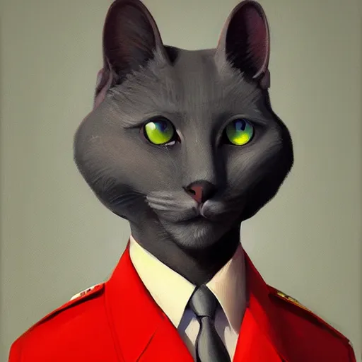 Image similar to Portrait painting of an anthropomorphic gray cat wearing as Soviet leader, trending on artstation, by Sergey Kolesov