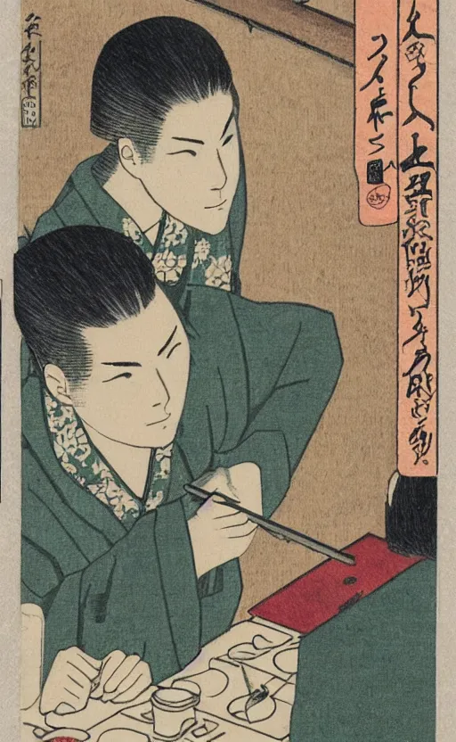 Image similar to by akio watanabe, manga art, a male calligrapher drawing ideograms inside a warm inn, trading card front, winter season, realistic anatomy