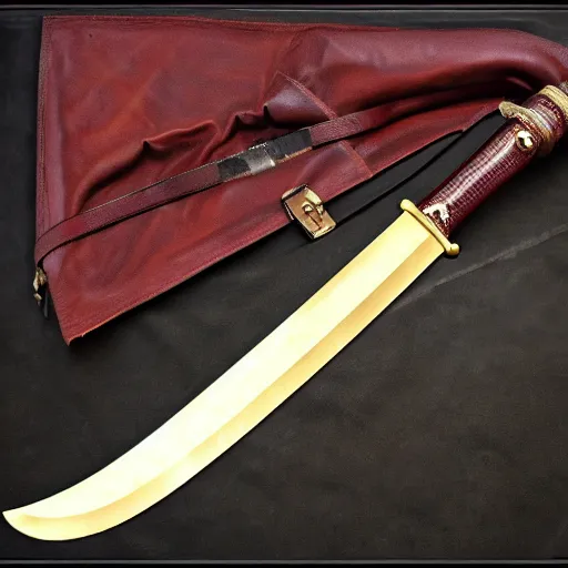 Prompt: falchion - sword : brass - pommel, brass - crossguard, burgundy - leather - wrapped - grip