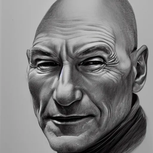 Image similar to hyperdetailed pencil drawing of Patrick Stewart, by Caravaggio