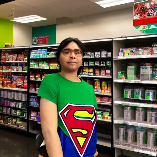 Image similar to Vision superhero working as a 7/11 cashier, wide wide shot, very detailed, hdr photograph, beautiful lighting