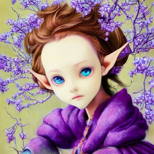 Image similar to little elf girl, santa claus suit, soft hair. light color palate, purple, yellow and white. detailed soft painting, ayami kojima, made in abyss, anatomically correct, inspired in balthus, high detailed face anime, vogue magazine, glorious composition