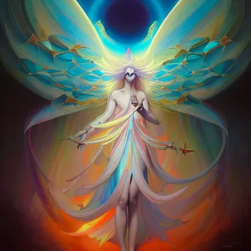 Image similar to psychedelic angelic celestial being artwork of peter mohrbacher, ayahuasca, energy body, sacred geometry, esoteric art, rainbow colors, realist, abstract and surreal art styles with anime and cartoon influences divinity