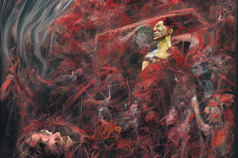 Image similar to The physical impossibility of death, in a brutalist architecture space ship, gothic, flowing rich deep colours, creepy, diabolical, dark, mystical, intrincate,painted by Francis bacon, Adrian ghenie, James jean and Petra cortright, Part Beksinski, part by Takato Yamamoto. 8k masterpiece