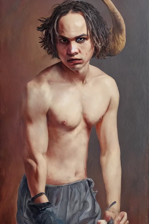 Prompt: Frank Dillane as a satyr, full body, very accurate, normal forehead, oil on canvas, intricate, portrait, 8k, highly professionally detailed, HDR, CGsociety