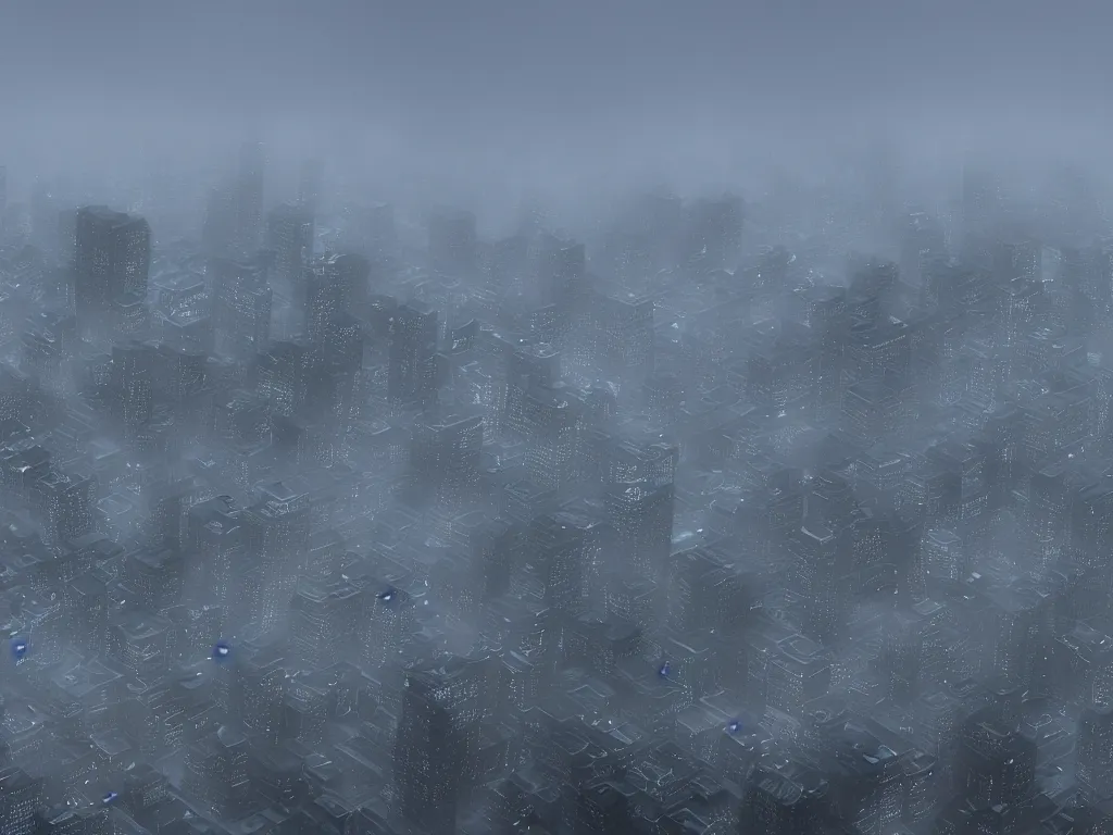 Prompt: rainy, foggy, city in the mountains with shades of blue 4k, 8k