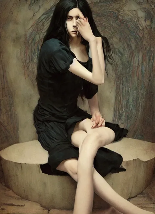 Prompt: a lonely young girl eveline from resident evil 7 with straight long black hair wearing black dress that sitting on bathroom floor, photo for vogue, model エリサヘス s from acquamodels, art by artgem, greg rutkowski and alphonse mucha