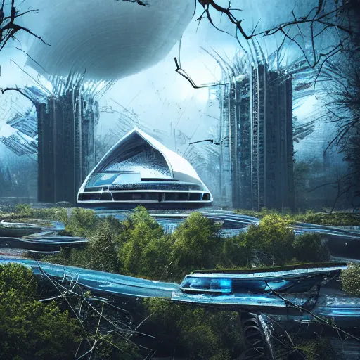 Image similar to future city covered by forest, trees, plant, broken buildings, doom of the gods, monster, gravity mess, star trek, glory war, photograph, cinematic matte painting, zaha hadid building, photo realism, desolate glacial landscape