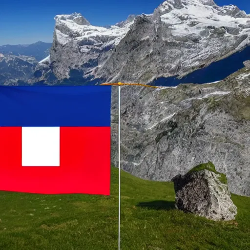 Prompt: a new official flag for a country, simple, minimalist, mixing Switzerland flag and France flag