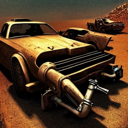 Prompt: madmax gangster vintage car supercharger and guns, artstation, fantasy