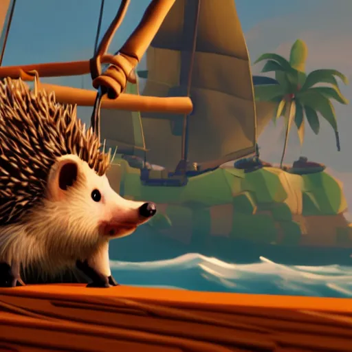 Prompt: hedgehog on a ship in sea of thieves