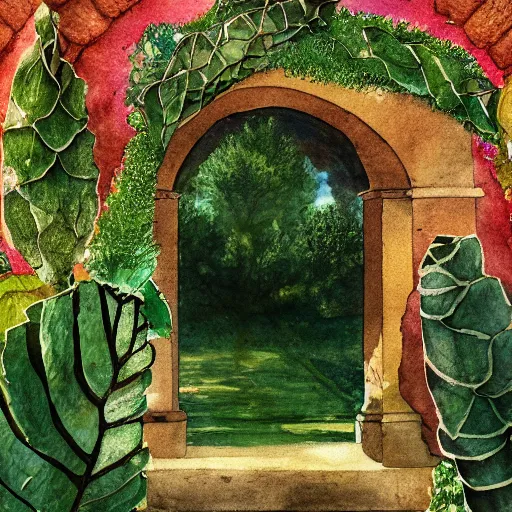 Image similar to delicate garden on paper floating puffy vines old book botanical herbarium botanic watercolors iridescent 8 k wide angle realistic artstation italian rainbow colonnade oak pinecone architecture pompeii