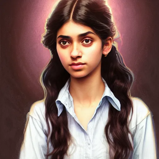 Image similar to portrait of a british teenage girl with wavy black hair, mixed desi girl with dark brown skin, half english half indian, glowing skin, fantasy, intricate, elegant, dress shirt, school uniform, highly detailed, digital painting, artstation, concept art, smooth, sharp focus, illustration, art by Krenz Cushart and Artem Demura and alphonse mucha