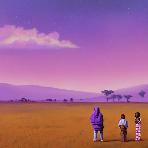 Image similar to A painting of Kanye West and his family looking on at the horizon, afrofuturism, Simon Stalenhag, 8K concept art, purple skies, intricate details, minimal artifacting
