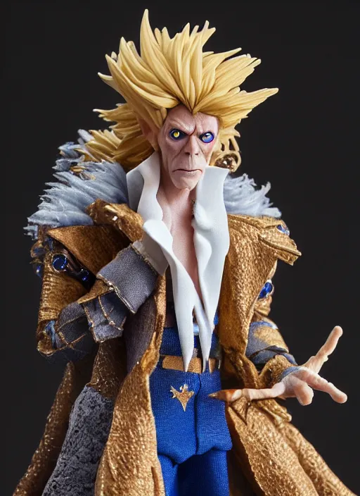 Image similar to product photography of a claymation action figure david bowie as jareth the goblin king, labyrinth depth of field, zeiss lens, detailed, centered, by jim henson, erwin olaf, joop geesink, breathtaking, 8 k resolution, extremely detailed, beautiful, establishing shot, hyperrealistic