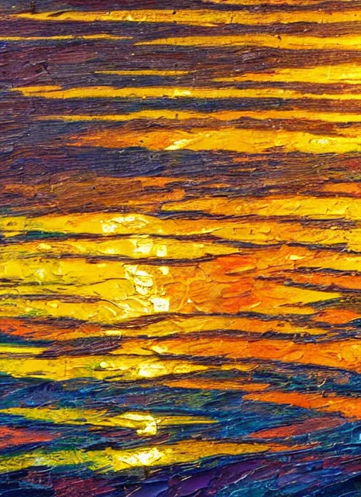 Prompt: an extremely impasto painting of thick brushstrokes in warm impressionist complimentary colors painting a reflective raytracing puddle sunset of golden palette knife streaks of golden melting sun shimmering with vibrant gradients of color, 4 k, water reflections, highly detailed