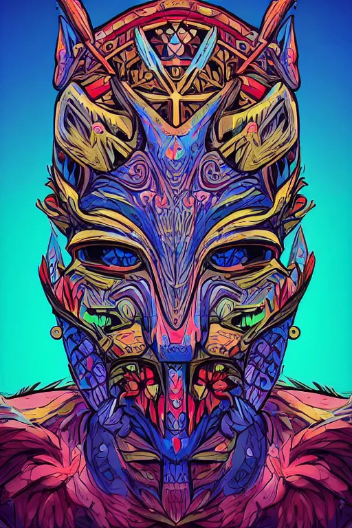 Image similar to totem animal mask tribal feather gemstone plant wood rock shaman vodoo video game vector illustration vivid multicolor borderlands comics by josan gonzales and dan mumford radiating a glowing aura