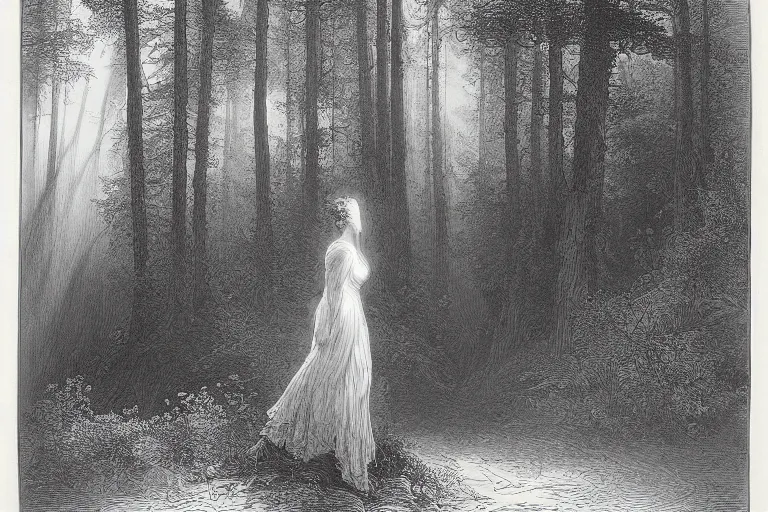 Image similar to black and white, young french woman illuminated by a beam of light through detailed clouds, forest in background, Gustave Dore lithography