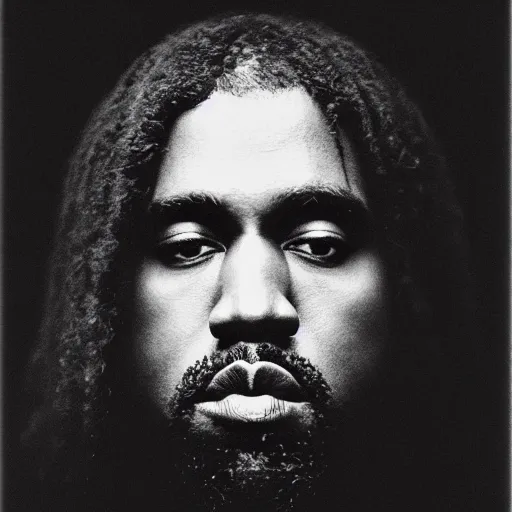 Image similar to a chiaroscuro lighting portrait of kanye west dressed as jesus, black background, portrait by julia margaret cameron, shallow depth of field, 8 0 mm, f 1. 8