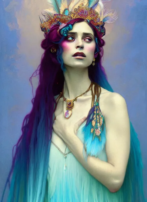 Image similar to ombre velvet gown, cyan, feathers, lovely bohemian princess, portrait, long white hair, tiara, dozens of jeweled necklaces, feral languid woman, by greg rutkowski, brom, anato finnstark, alphonse mucha