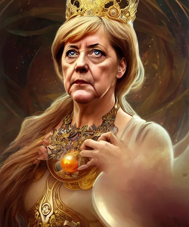 Image similar to Angela Merkel as a fantasy magic woman portrait, sci-fi, amber eyes, face, long hair, fantasy, intricate, elegant, highly detailed, digital painting, artstation, concept art, smooth, sharp focus, illustration, art by artgerm and greg rutkowski and alphonse mucha