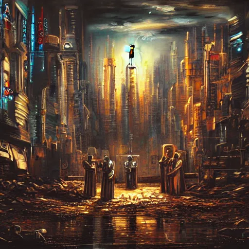 Prompt: beautiful detailed religious oil painting of robotic saints in an urban cyberpunk wasteland