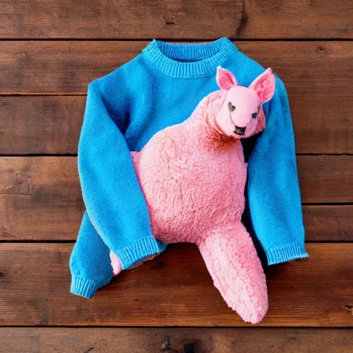 Image similar to photo of pink stuffed animal, kangaroo, blue sweater